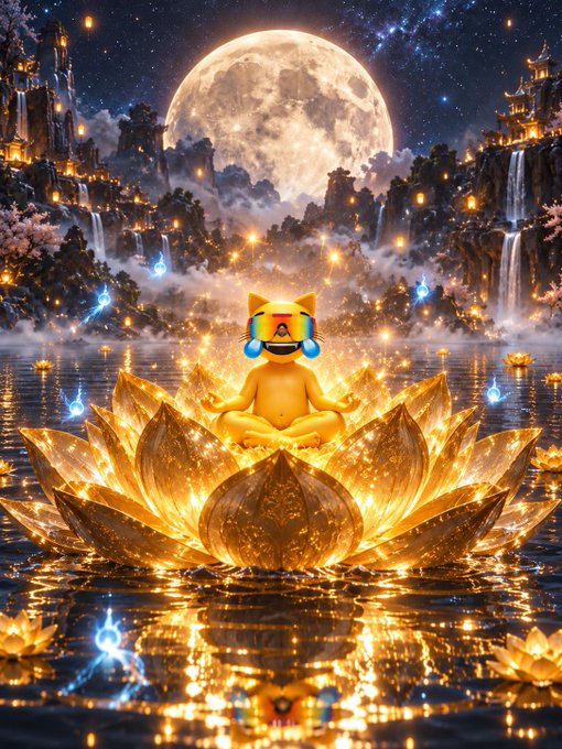 A fantastical digital illustration shows a meditating fox-like figure in a glowing golden lotus flower on water, set against a backdrop of waterfalls, floating islands, and a large full moon.
