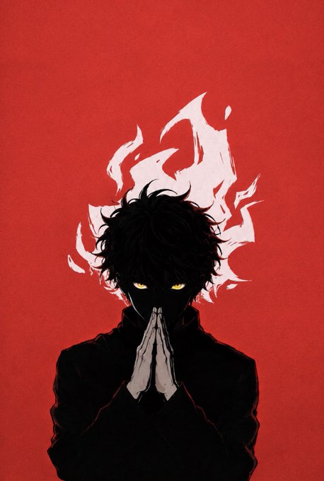 An anime-style illustration of a dark, shadowy character with glowing yellow eyes and messy black hair, hands clasped together in prayer against a bold red background with white flame-like accents.