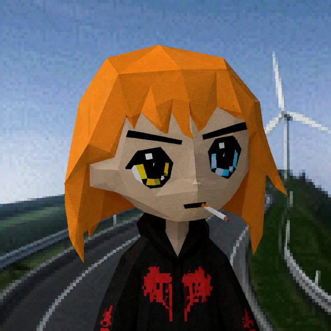 A low-poly 3D rendered character with orange hair, heterochromia (yellow and blue eyes), wearing a black hoodie with a broken heart design, and smoking, set against a background of wind turbines.