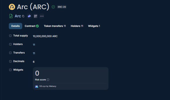A screenshot from an explorer showing details for the Arc (ARC) ERC-20 token, displaying a total supply of 10,000,000,000 ARC, 11 holders, 11 transfers, 6 decimals, and a risk score of 0 from Webacy's DD.xyz. This aligns with the post's announcement that the ARC token has been minted with a 10 billion supply.