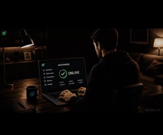 A man works on a computer in a dimly lit room; the screen shows a 'MASTERNODE' status panel with a green 'ONLINE' indicator, with 'beldex.to' watermarked on the image.
