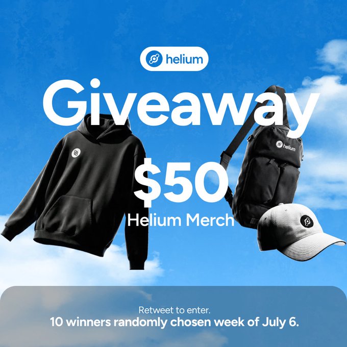 A Helium Giveaway promotional graphic offering $50 in Helium merchandise (hoodie, backpack, and cap) with instructions to retweet to enter, and 10 winners to be randomly chosen the week of July 6.
