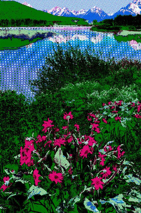 A vibrant pop-art style digital illustration depicting a landscape with a lake, snow-capped mountains, green vegetation, and bright pink flowers in the foreground, with a distinct halftone dot pattern.