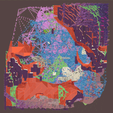 A glitchy, pixelated 3D rendering in shades of red, blue, purple, and green.