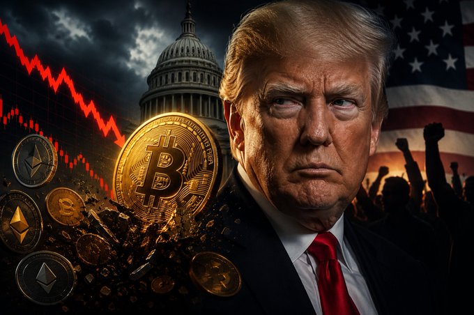 The image depicts Donald Trump with a downward-trending red graph, Bitcoin, and other cryptocurrencies like Ethereum, symbolizing their negative performance and association with his presidency, as suggested by the accompanying text. A crowd with raised fists and the U.S. Capitol building in the background further emphasize the political and economic context.