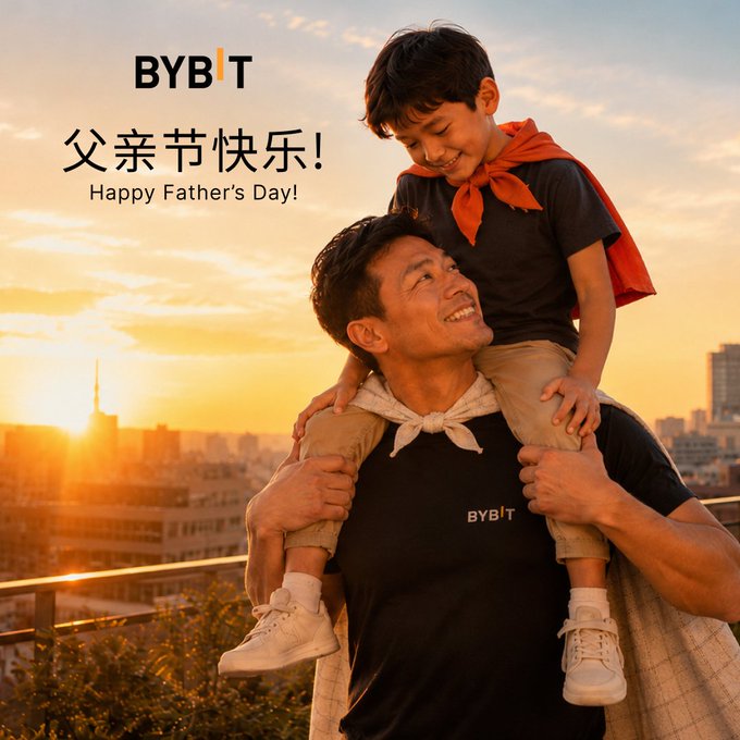 The image features a man wearing a black shirt, holding a child who is dressed as a superhero with an orange cape. The background of the photo shows a city skyline at sunset, creating a warm and vibrant atmosphere. The caption of the image reads "Bybit Happy Father's Day!" which indicates that this post was created by Bybit.