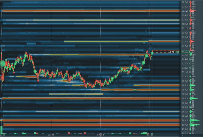A candlestick chart shows $NBIS price action rallying from around $208 up to approximately $215, with horizontal red and green volume/price levels marked on the right side ranging from $200 to $227, illustrating the "Trim at 5R+" (5+ risk units) trade mentioned in the post.