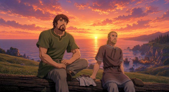 An animated illustration of two bearded men in medieval-style clothing sitting on grass, watching a vivid sunset over the ocean with a coastal village visible in the distance.
