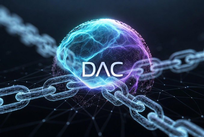 A glowing neon brain illustration labeled 'DAC' wrapped in digital chains against a dark blockchain-themed background.