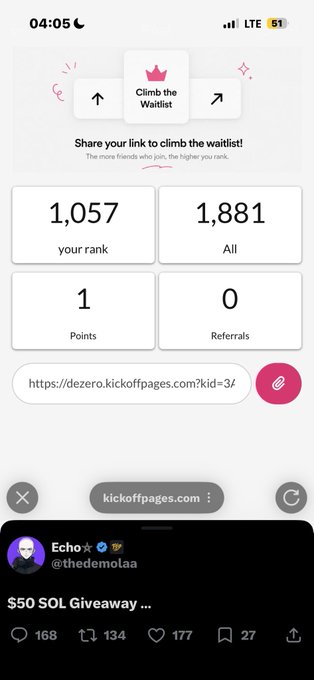 A mobile screenshot of a waitlist ranking page showing "1,057 your rank" and "1,881 All" with 0 referrals and 1 point, shared via a referrer link, overlaid above a tweet from @thedemolaa about a "$50 SOL Giveaway."