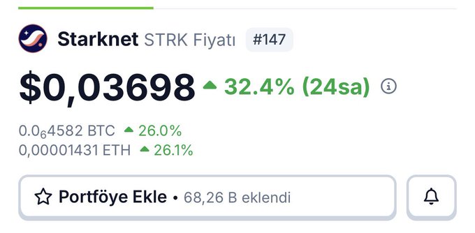 A cryptocurrency price tracker showing Starknet (STRK) at $0.03698, up 32.4% in 24 hours, with BTC and ETH pairings in Turkish.