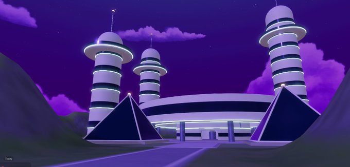 A futuristic, low-poly style digital illustration of a sleek white building complex with tall towers and pyramid-like structures, set against a purple night sky.