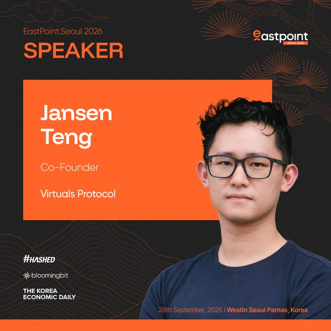 A speaker announcement card for EastPoint Seoul 2026 featuring Jansen Teng, Co-Founder of Virtuals Protocol, with the event scheduled for 28th September, 2026 at Westin Seoul Parnas, Korea.