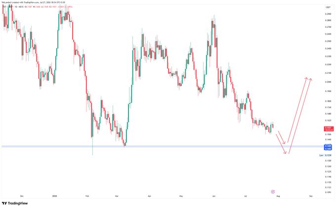 A daily candlestick chart of FET/USD shows price declining toward a key support level around 0.1330, with an annotated arrow projecting a liquidity grab followed by a bounce higher. The current price reads near 0.1369, aligning with the post's outlook of grabbing liquidity before reversing upward.