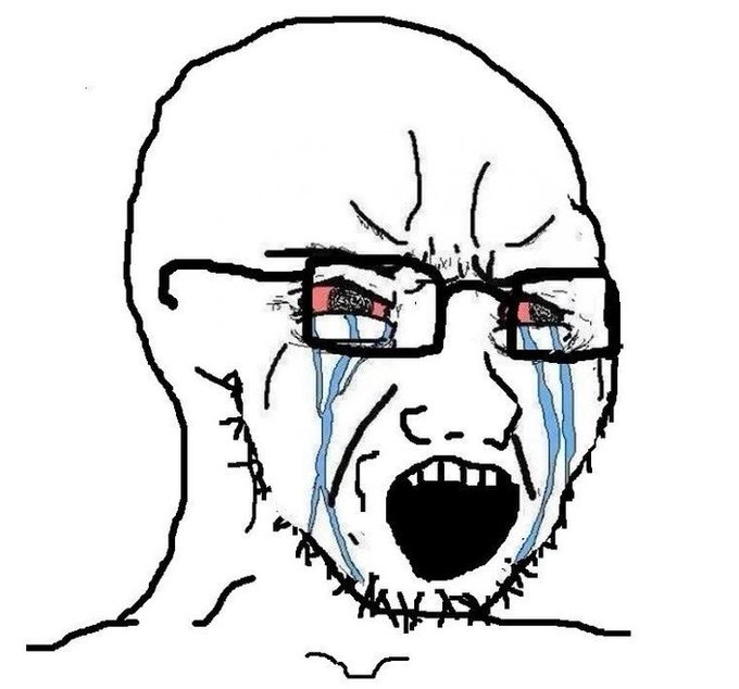 A cartoon-style wojak meme featuring a bald, bearded figure wearing glasses and crying intensely with streams of tears flowing from reddened eyes and an open, screaming mouth.