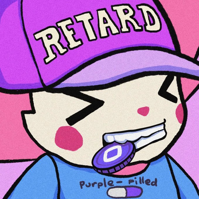 A cartoon character with a smug expression wearing a purple cap that says 'RETARD' in large letters, biting a coin, with text reading 'Purple-pilled' and a toggle switch below.