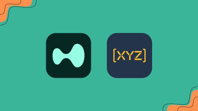 A teal promotional graphic featuring two app icons side by side: a dark green icon with a stylized 'H' shape, and a navy blue icon displaying the text '[XYZ]'.