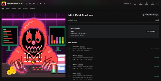 A dashboard interface for 'Mint Rekt Tradooor' displaying an NFT pixel-art character, collection stats, and a schedule of 'Honoraries' and 'Phases' for minting.