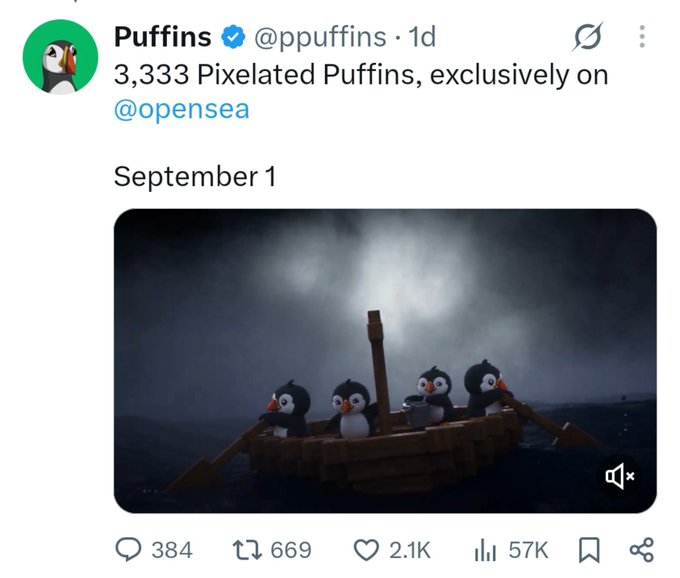 A tweet from verified account Puffins (@ppuffins) announces the upcoming launch of 3,333 Pixelated Puffins NFTs on OpenSea, accompanied by a dark, cinematic image of four pixelated puffins rowing a boat in stormy waters. The post hints at a potential NFT project with artistic appeal, encouraging followers to join their Discord for updates.