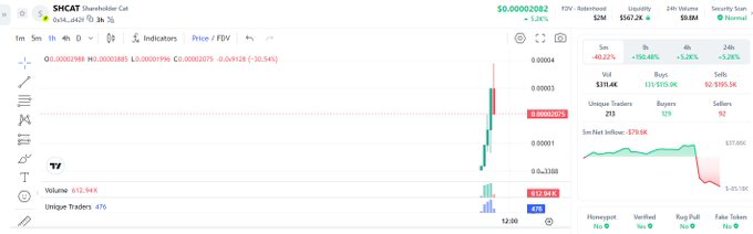 A candlestick chart for the token 'SHCAT (Shareholder Cat)' showing a price of $0.00002082 (up 1.32%), with a notable spike in the 24h timeframe, displaying various market metrics like FDV and 24h Volume.