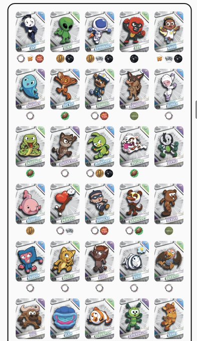A grid display of various Skylanders toy figurines in their packaging, showing numerous characters with their accessories and coins.