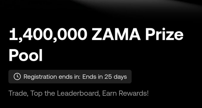 A promotional graphic with white text on a black background announcing a '1,400,000 ZAMA Prize Pool' with registration ending in 25 days and the tagline 'Trade, Top the Leaderboard, Earn Rewards!'.