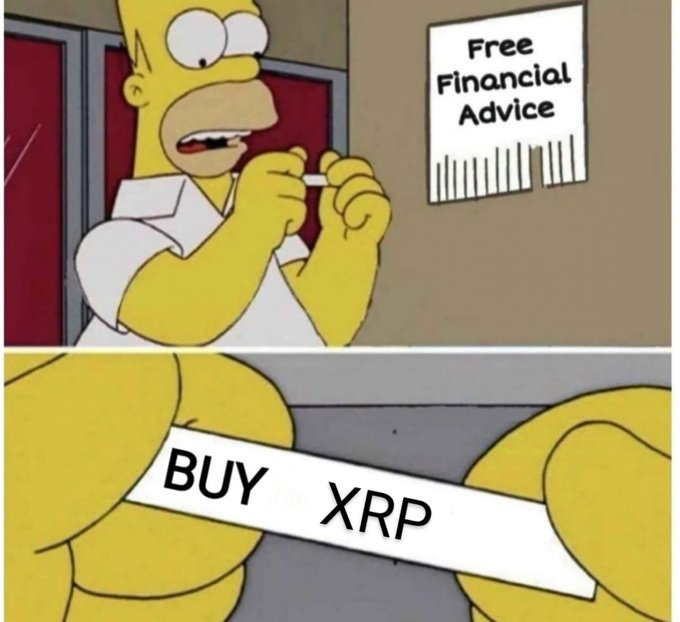 Homer Simpson meme where he draws a lottery slip reading 'BUY XRP' after picking a 'Free Financial Advice' paper.