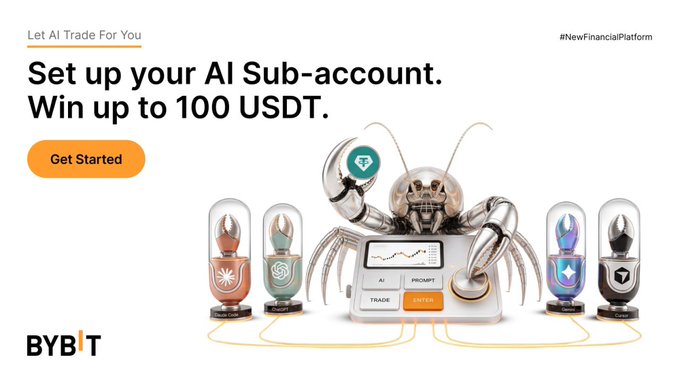 The image features a poster promoting an AI trading platform called "AI Sub Accounts". The poster displays a robot crab, which is a popular symbol for AI technology, surrounded by various objects such as coins and a calculator. The text on the poster encourages users to set up their own AI sub account and participate in a contest where they can win a prize pool of 30,000 USDT. The main focus of the image is the robot crab, which serves as an eye-catching visual element that highlights the AI trading platform's theme.