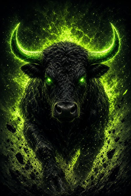 A digital artwork featuring a menacing black bull with glowing green eyes and horns, set against a dark background with green smoke and particle effects.