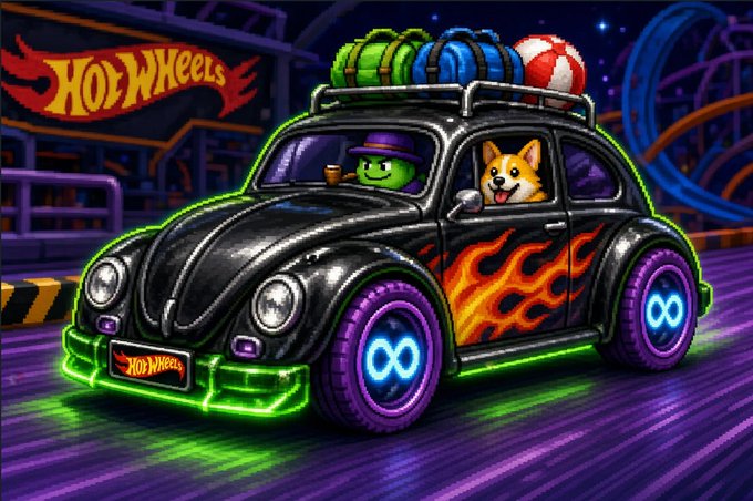 A black Hot Wheels-style Volkswagen Beetle with neon purple tires, flame decals, and an underglow carries a corgi and a green character on a luggage rack, with the "Hot Wheels" logo prominently displayed—fitting the post's teaser of an NFT race-themed collection with a 10,000 supply.