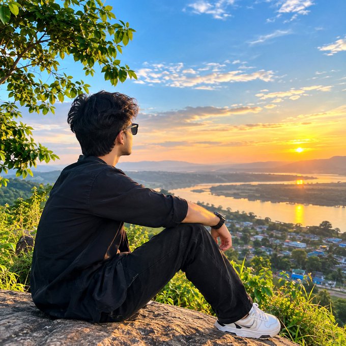 A man in black clothing and sunglasses sits on a rocky outcrop, looking out over a city and lake at sunset.
