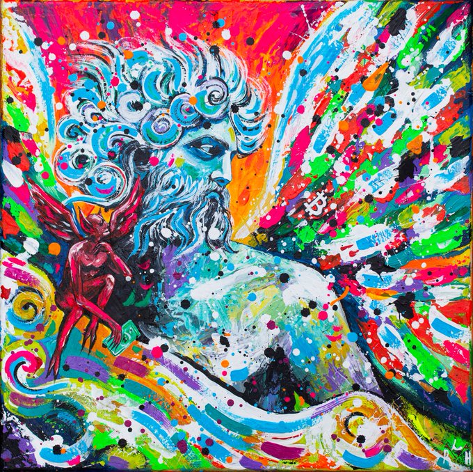 A vibrant, colorful street art-style painting featuring a bearded figure with flowing hair alongside a red devil-like creature, surrounded by swirling paint splatters and bright rainbow hues.