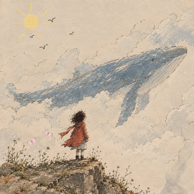 A whimsical watercolor illustration of a child in a red coat standing on a rocky cliff, gazing up at a large blue whale flying through clouds beside a hand-drawn yellow sun.