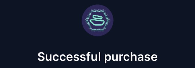 A digital confirmation screen displaying a neon hexagonal logo with the letter 'S' and the text 'Successful purchase' on a dark background.