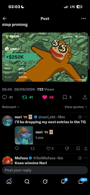 A mobile screenshot of a social media post titled 'stop printing' showing a trading interface for $ORBIO with a +$252K gain, displaying metrics like Win Rate 48.2%, Sold $127.9K, and Bought $239.6K, along with replies mentioning dropping entries in TG.