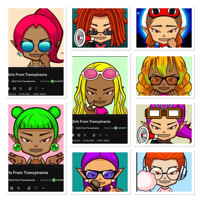 A collage of NFT profile pictures from the collection "Girls From Transylvania" displayed on what appears to be OpenSea, featuring various stylized vampire-like female characters with colorful hair.
