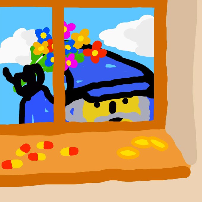A whimsical digital painting of a window scene with colorful flowers, a yellow character, and pills and coins on the windowsill.