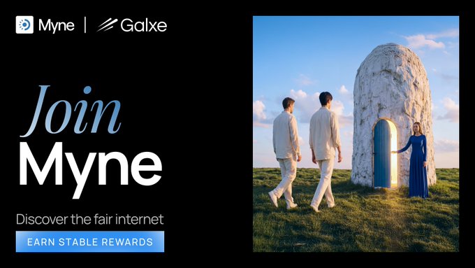 The image features a man and woman walking through an open doorway with a large stone structure behind them. The background of the image shows a blue sky, which contrasts with the stone structure. There are two posts visible in the image - one on the left side and another on the right side. The text "jump into the @mynebrowser Community Hub" is written at the top of the image, while the bottom part contains information about an online raffle for 500 USDC.
