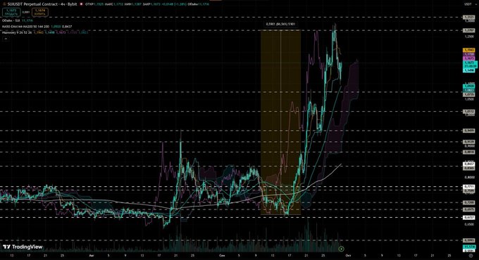 A 4-hour candlestick chart of SUI/USDT on TradingView shows the asset breaking out from summer lows near $0.65 to consolidate above the $1 level, with price action reclaiming the MA200 (~$1.00) and the upper boundary of the Ichimoku cloud before encountering resistance and profit-taking near local highs around $1.30. The accompanying post confirms this technical setup, noting the successful reclaim of the $1 area after a massive rally but flagging the recent technical rejection at highs.