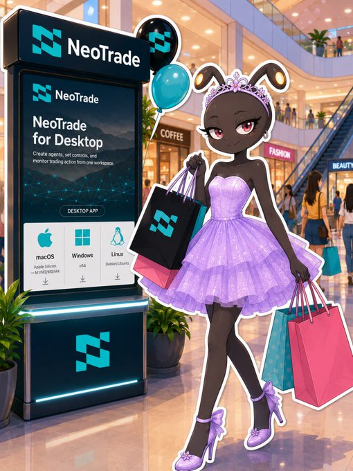 An illustrated ad for 'NeoTrade for Desktop' featuring an anime-style character in a purple dress carrying shopping bags next to a digital kiosk displaying download options for macOS, Windows, and Linux.