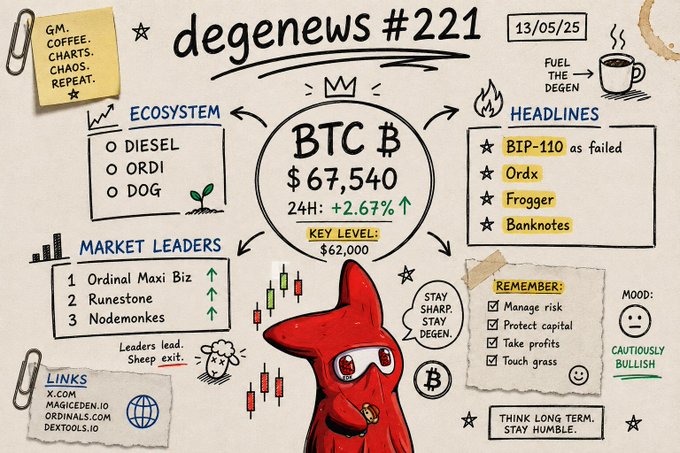 An infographic titled 'degenews #221' dated 13/05/25, featuring BTC $67,540 (+2.67%), with sections for Ecosystem (Diesel, ORDI, DOG), Market Leaders (Ordinal Maxi Biz, Runestone, Nodemonks), and Headlines (BIP-110, Ordx, Frogger, Banknotes), noting 'CAUTIOUSLY BULLISH.'