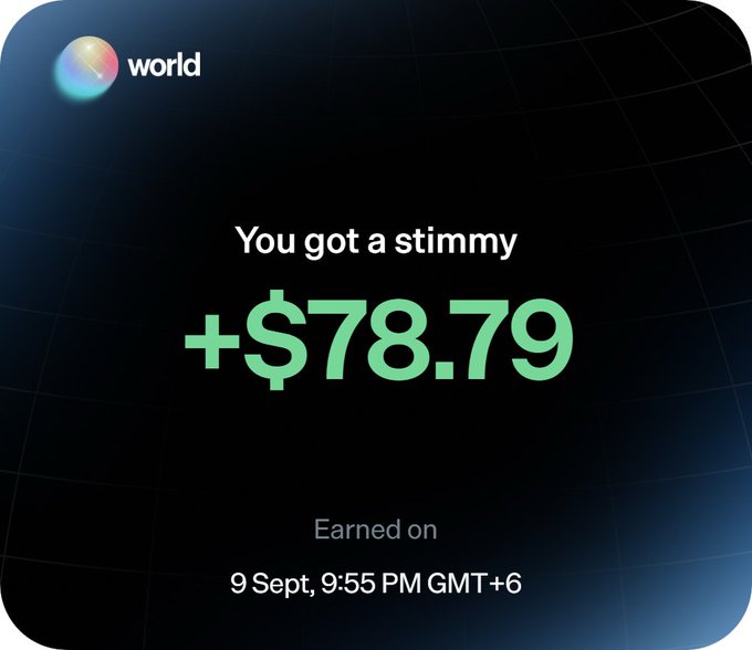 A screenshot of the World app displays a notification reading "You got a stimmy +$78.79 Earned on 9 Sept, 9:55 PM GMT+6," illustrating the airdrop reward claimed through the World platform.