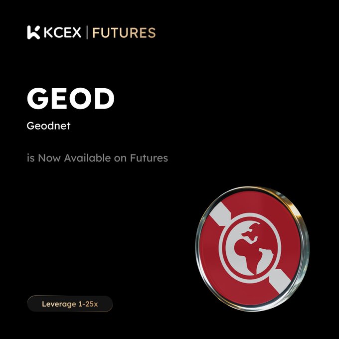 A promotional graphic from KCEX FUTURES announcing that 'GEOD Geodnet is Now Available on Futures' with Leverage 1-25x and the GEOD token logo.