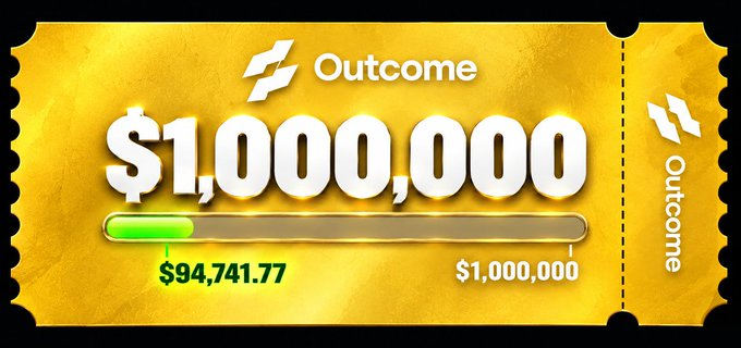 A graphic styled like a golden ticket displaying the 'Outcome' logo with text '$1,000,000' above a progress bar showing '$94,741.77' filled toward the goal.