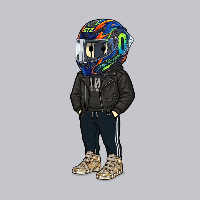 A cartoon illustration of a character wearing a blue full-face motorcycle helmet with "STZ" and "send to zero" text, paired with a black leather jacket, dark joggers, and tan sneakers, embodying the post's message of staying locked in and ready for the ride on Sundays.