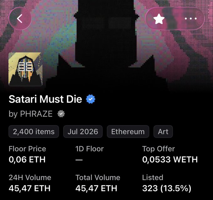 An NFT collection page on OpenSea for 'Satari Must Die' by PHRAZE, showing 2,400 items, a floor price of 0.06 ETH, top offer of 0.0533 WETH, and 24H volume of 45.47 ETH.