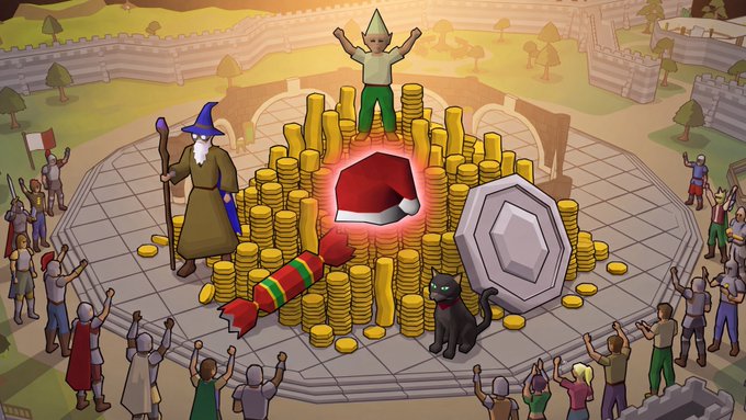 RuneScape artwork depicting a crowd cheering around a large pile of gold coins, with a wizard holding a staff, a black cat, a player wearing a goblin helmet, and a red gem in the center.