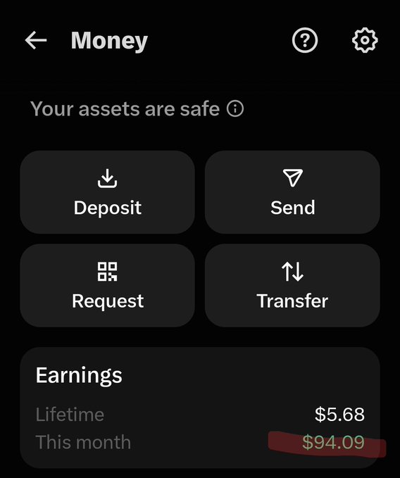 A screenshot of the X Money account interface showing Deposit, Send, Request, and Transfer options, with earnings of $5.68 lifetime and $94.09 this month highlighted, illustrating the ad revenue sharing deposits referenced in the post.