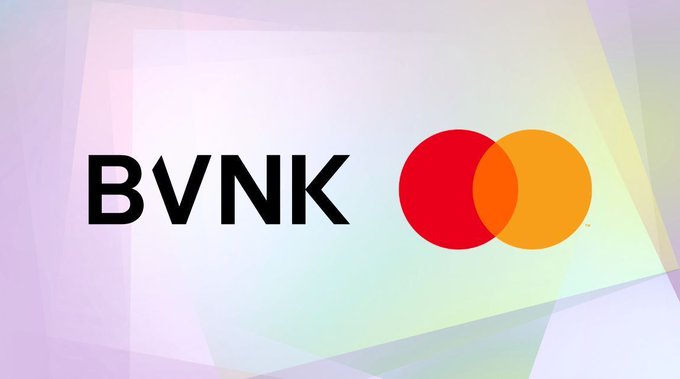The image shows the BVNK logo alongside the iconic Mastercard logo (two overlapping red and yellow circles), visually representing the acquisition. The logos are displayed against a soft pastel background with overlapping translucent shapes, symbolizing the partnership between the stablecoin infrastructure firm and the payments giant.