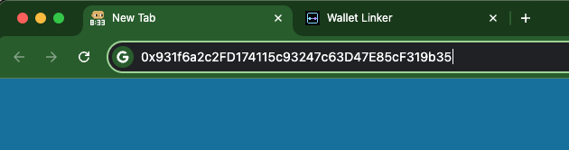 A browser screenshot showing two tabs ('New Tab' and 'Wallet Linker') with a URL bar displaying a Google search query containing a long alphanumeric string '0x931f6a2c2FD174115c93247c63D47E85cF319b35'.